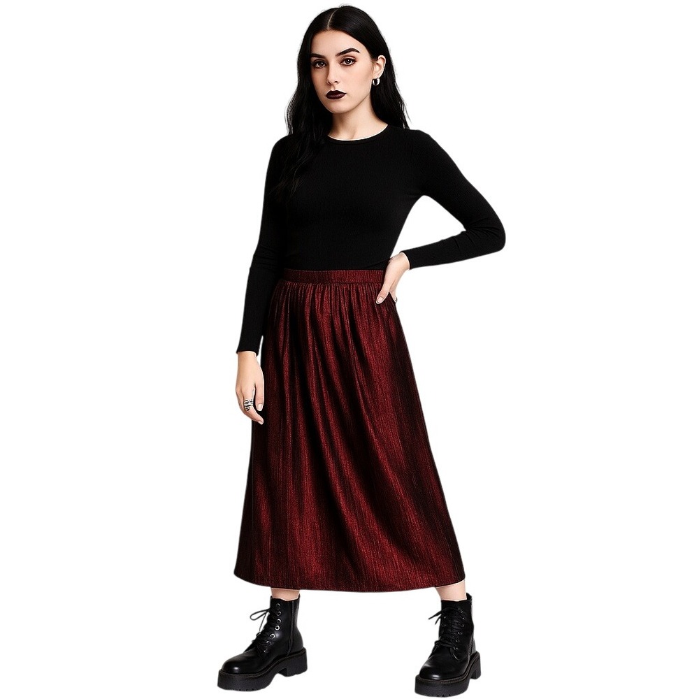 CAROLE LITTLE 90s Shimmer Black/Burgundy Red light weight Midi Skirt vamp goth L